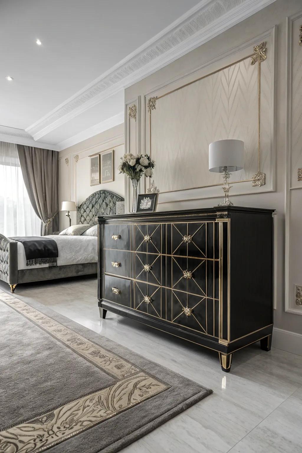 Gold accents add warmth and luxury to a monochrome dresser.