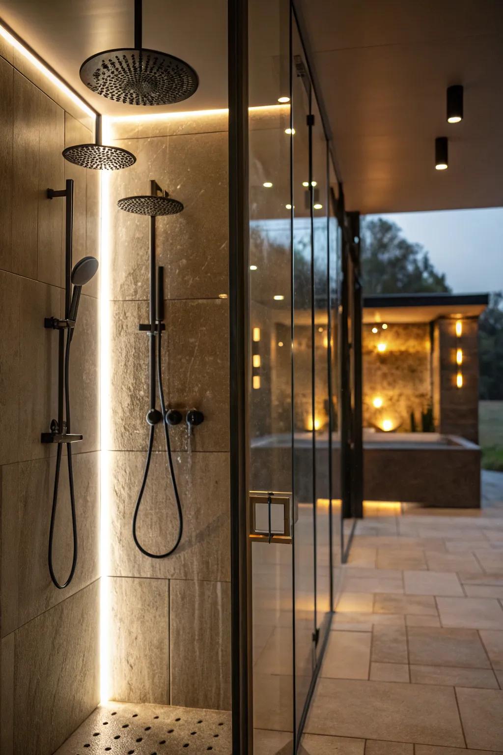 Ambient lighting enhances the mood and functionality of a double shower.