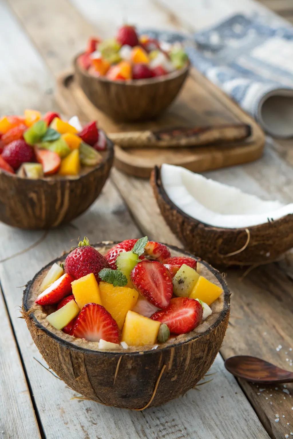 Coconut shell bowls adding a tropical touch.