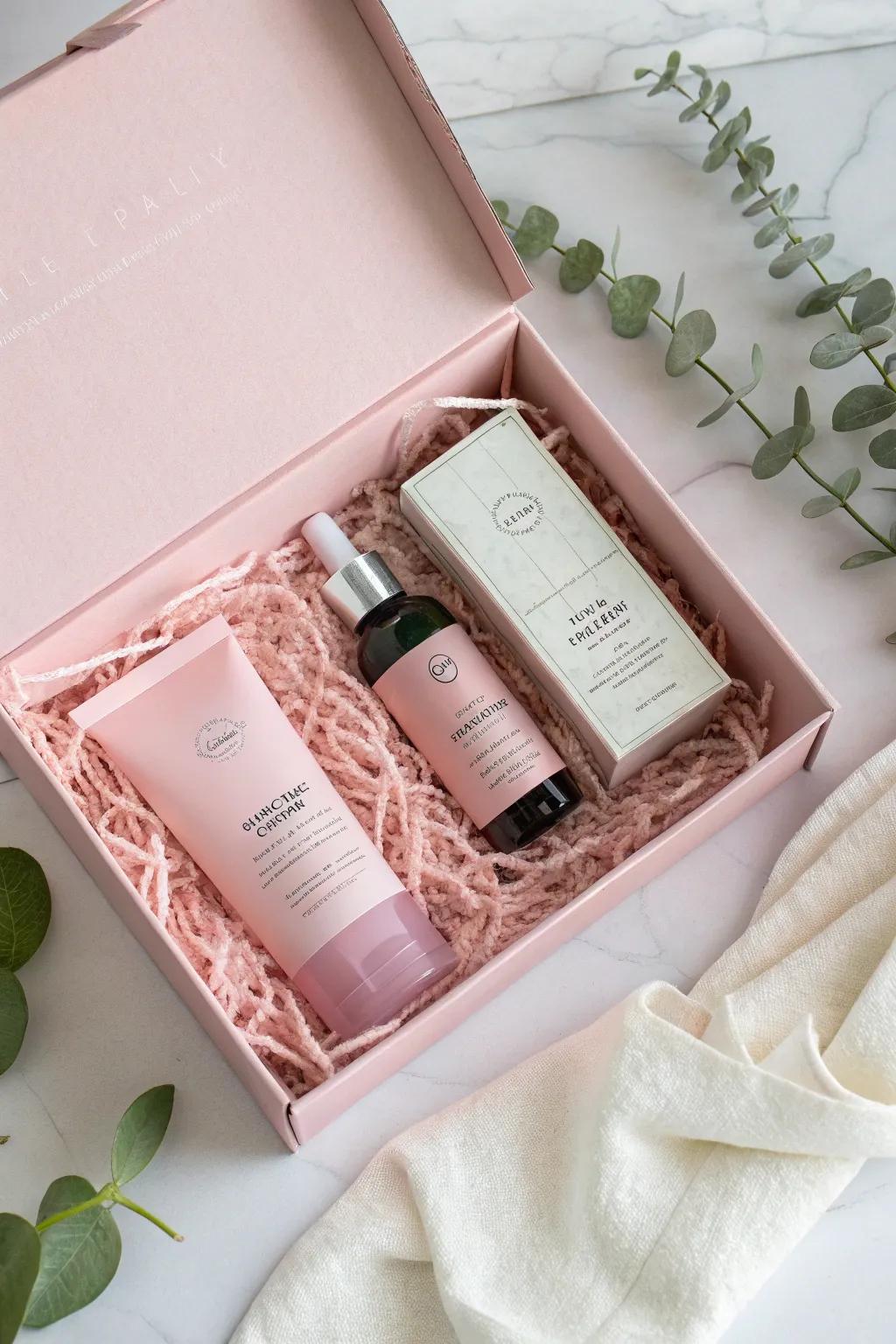 Embrace natural beauty with a pink gift box filled with skincare essentials. Perfectly minimalist with a touch of boho charm.