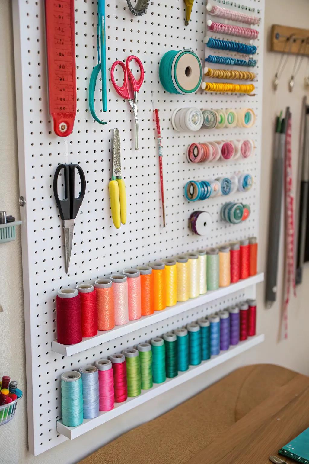 A pegboard setup with sewing tools and threads for easy access.