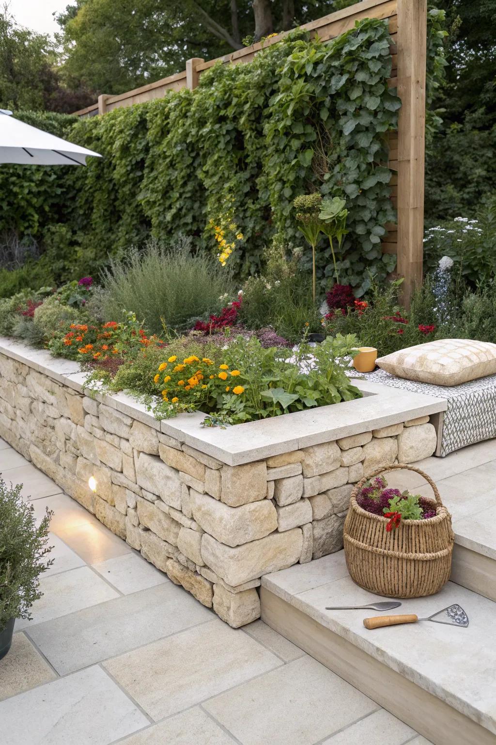 Embrace timeless elegance with a stone-raised garden bed that marries durability and style.