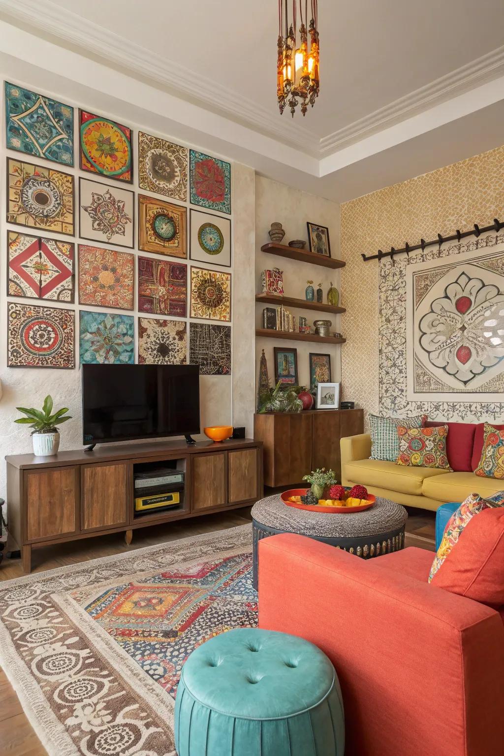 Artistic mosaic panels add a unique touch to this eclectic living room.