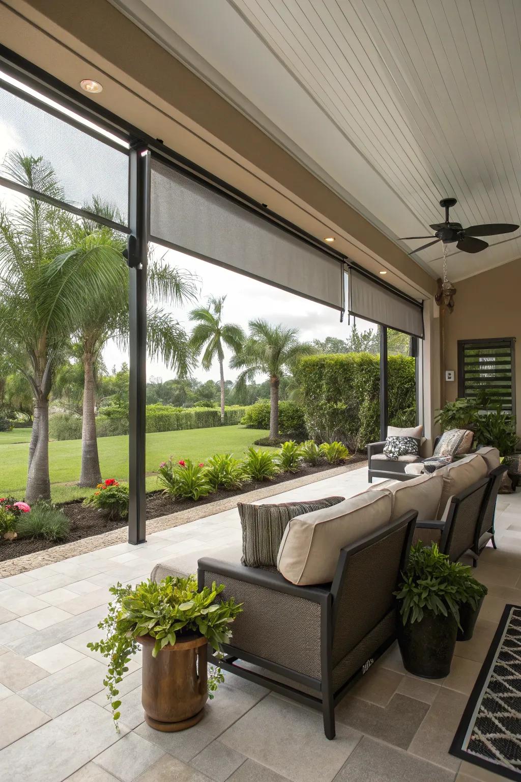 A lanai equipped with a retractable screen for flexible outdoor living.