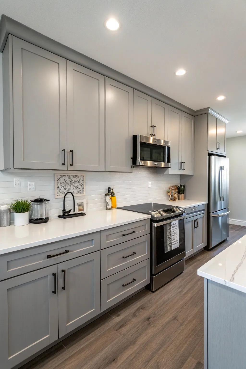 Embrace minimalism with sleek grey cabinets and a clutter-free kitchen space.
