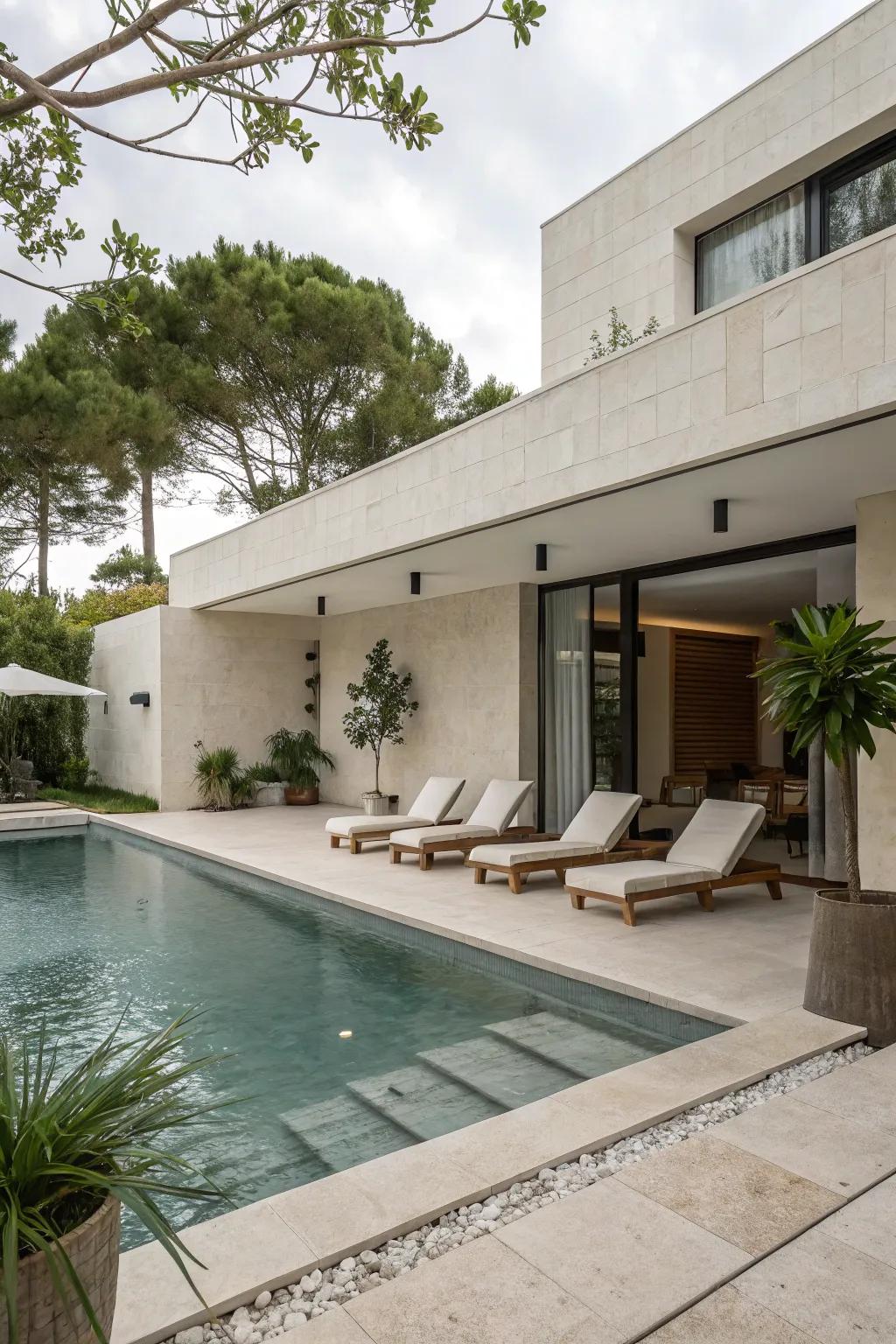 A modern minimalist pool surround with clean lines and a serene vibe.