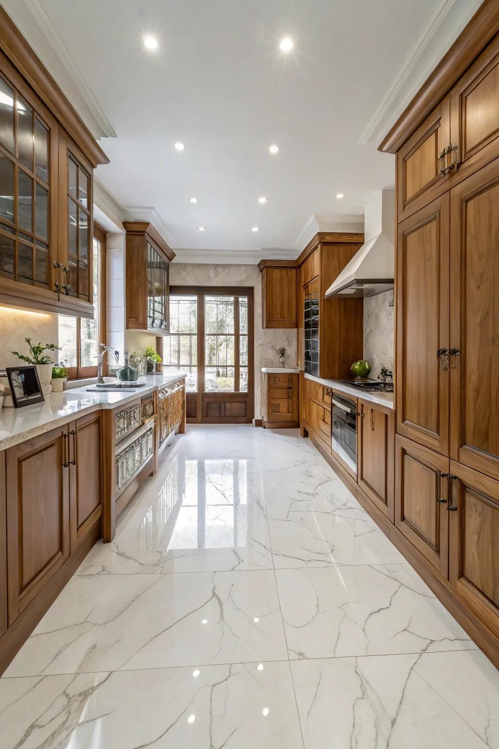 A kitchen showcasing classic white marble flooring paired with warm wooden cabinets.