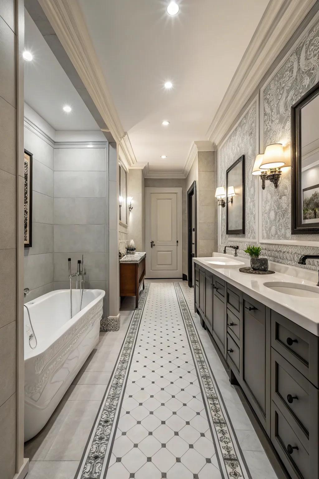 A monochrome palette offers elegance and cohesion in a long bathroom.