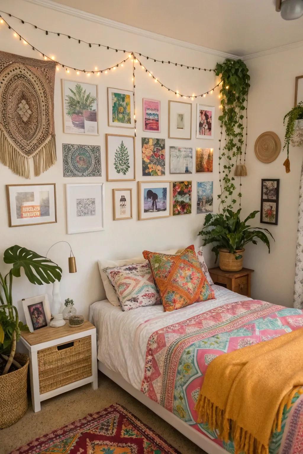 Artistic wall elements reflect personal style and creativity.