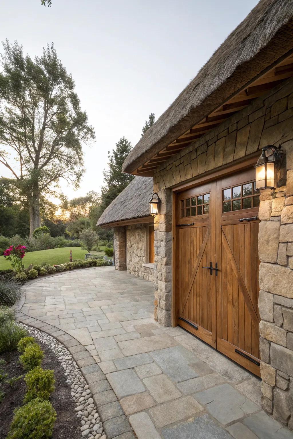 Durable stone accents enhance the rustic charm of a garage.