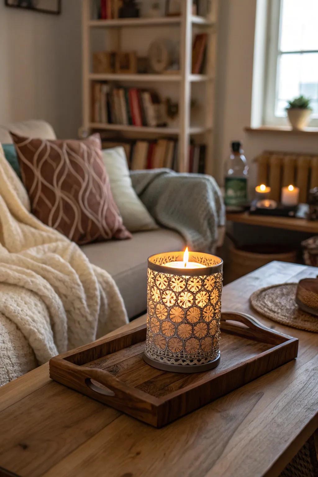 A personalized candle holder for a serene ambiance.