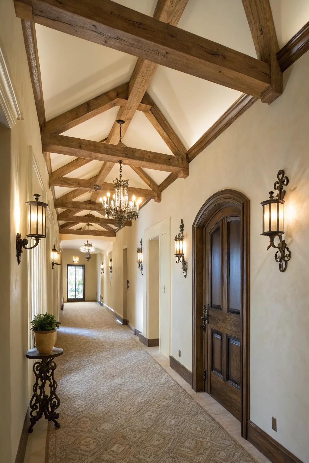 Wall sconces add warmth and highlight architectural features in tall spaces.