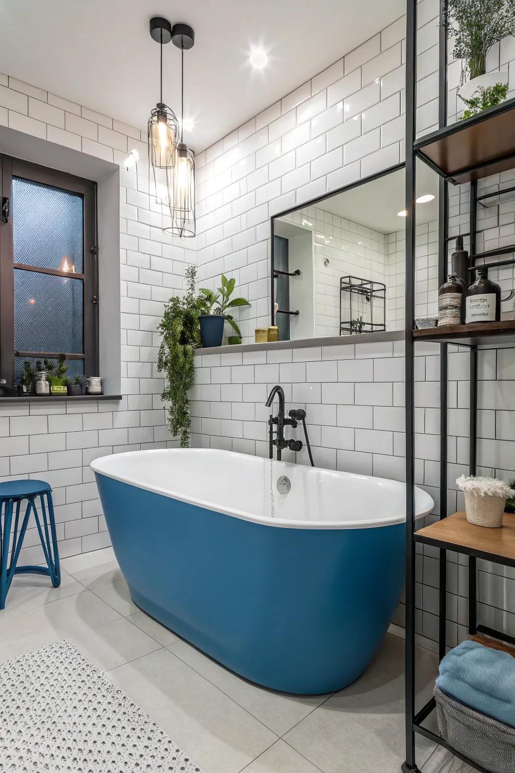 A blue bathtub serves as a luxurious and bold statement.