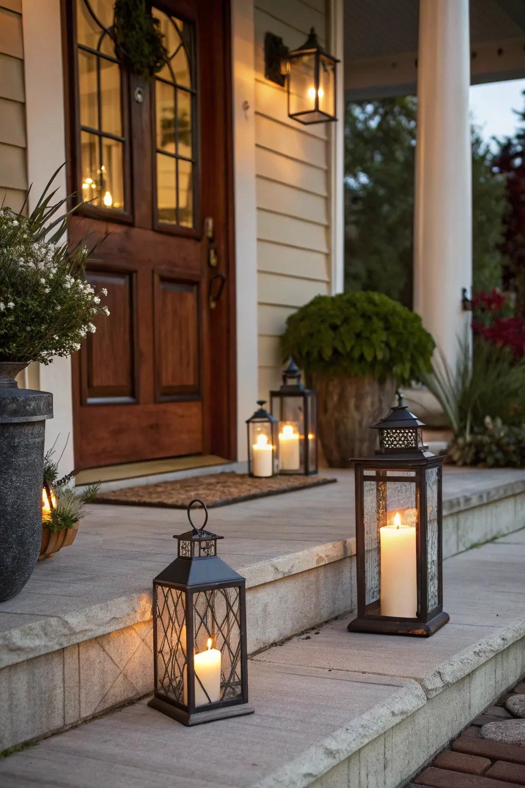 Lanterns with candles creating a warm glow by the front door