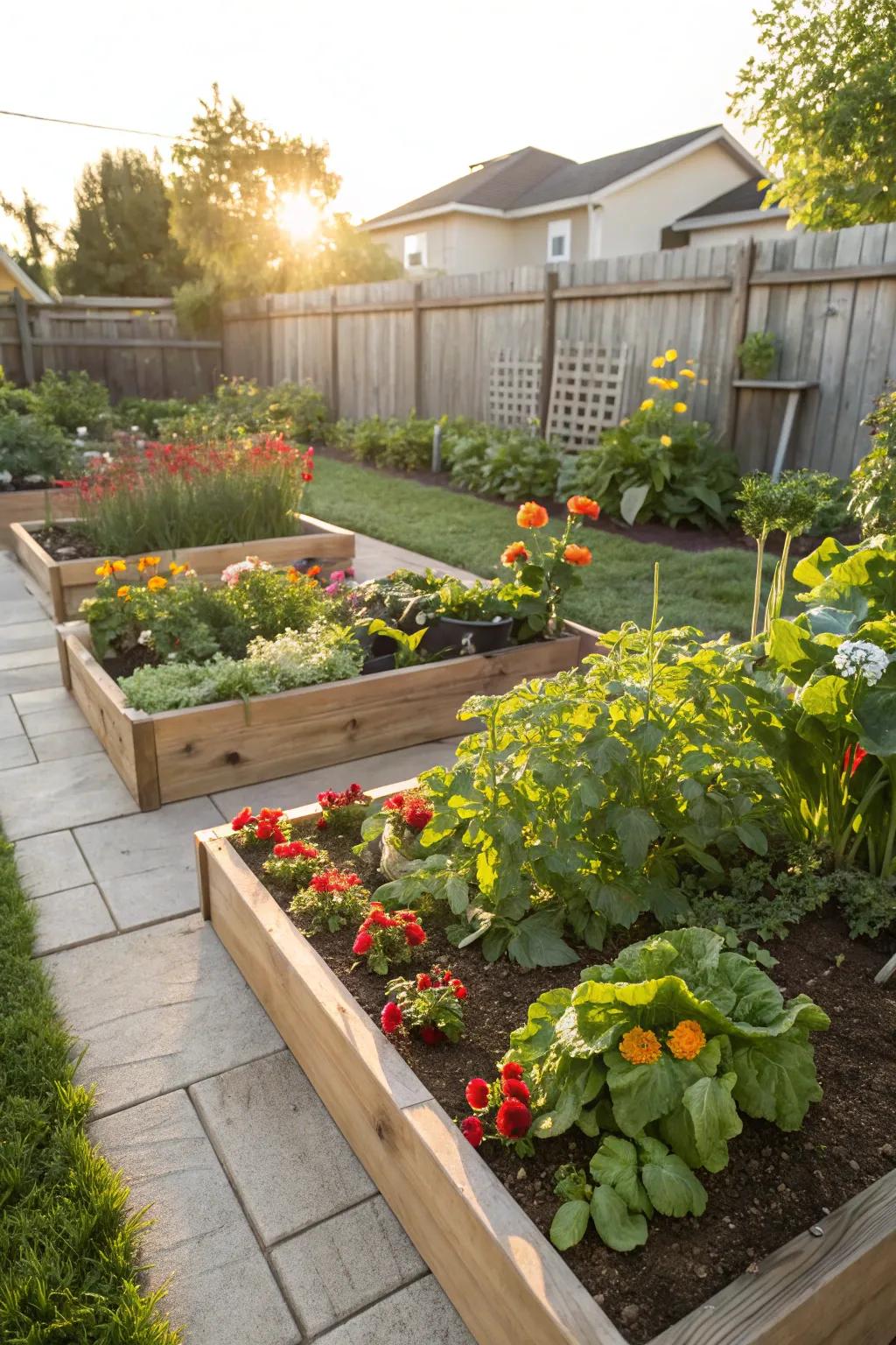 Raised garden beds bursting with life.