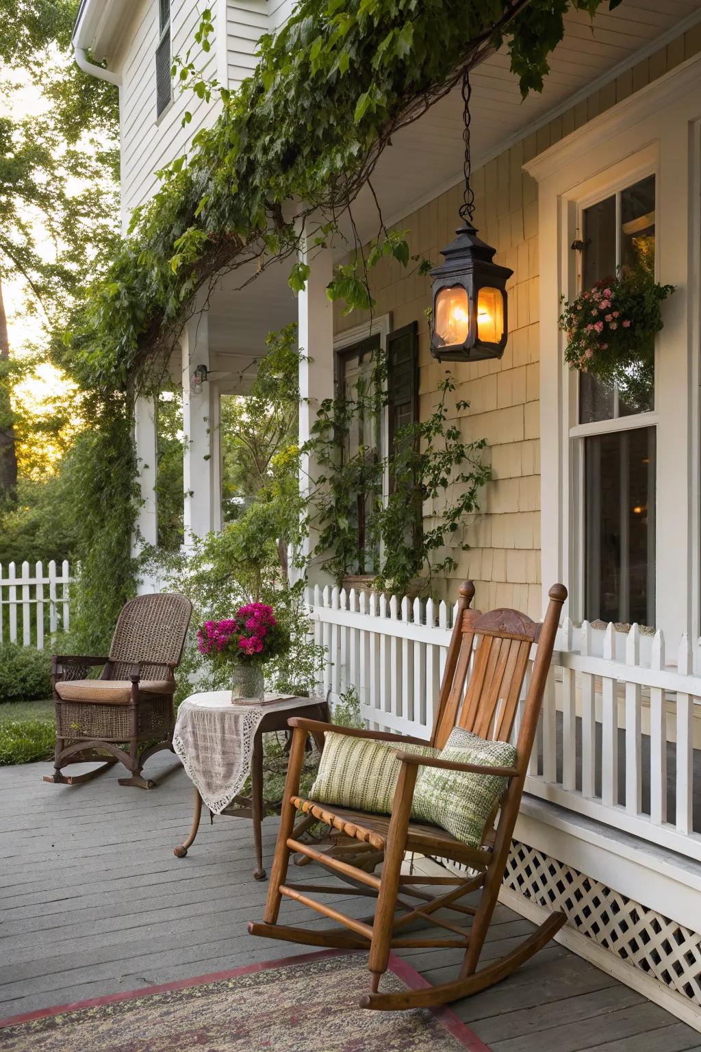 Vintage furniture bringing charm to a large front porch.