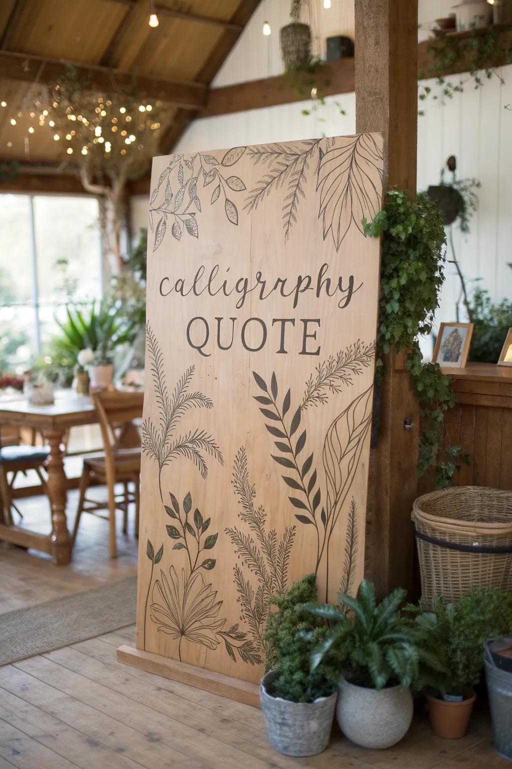 Nature motifs enhance the calming effect of calligraphy quotes.