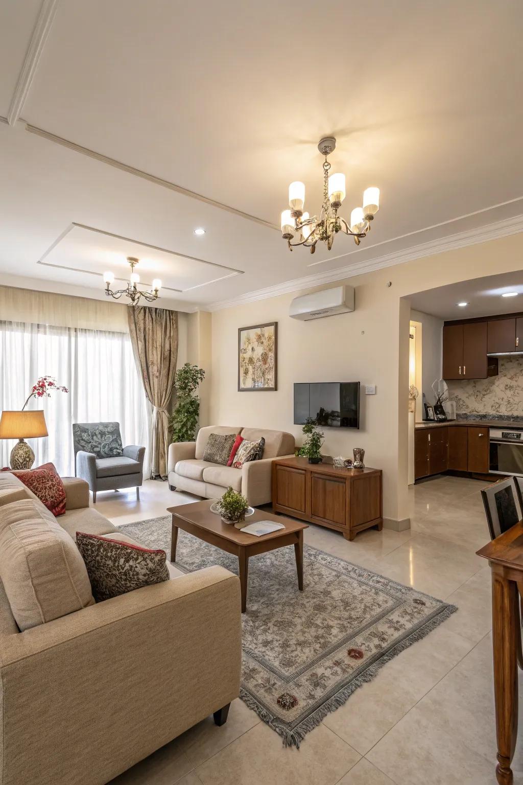 Angled furniture placement adds interest and movement to the space.