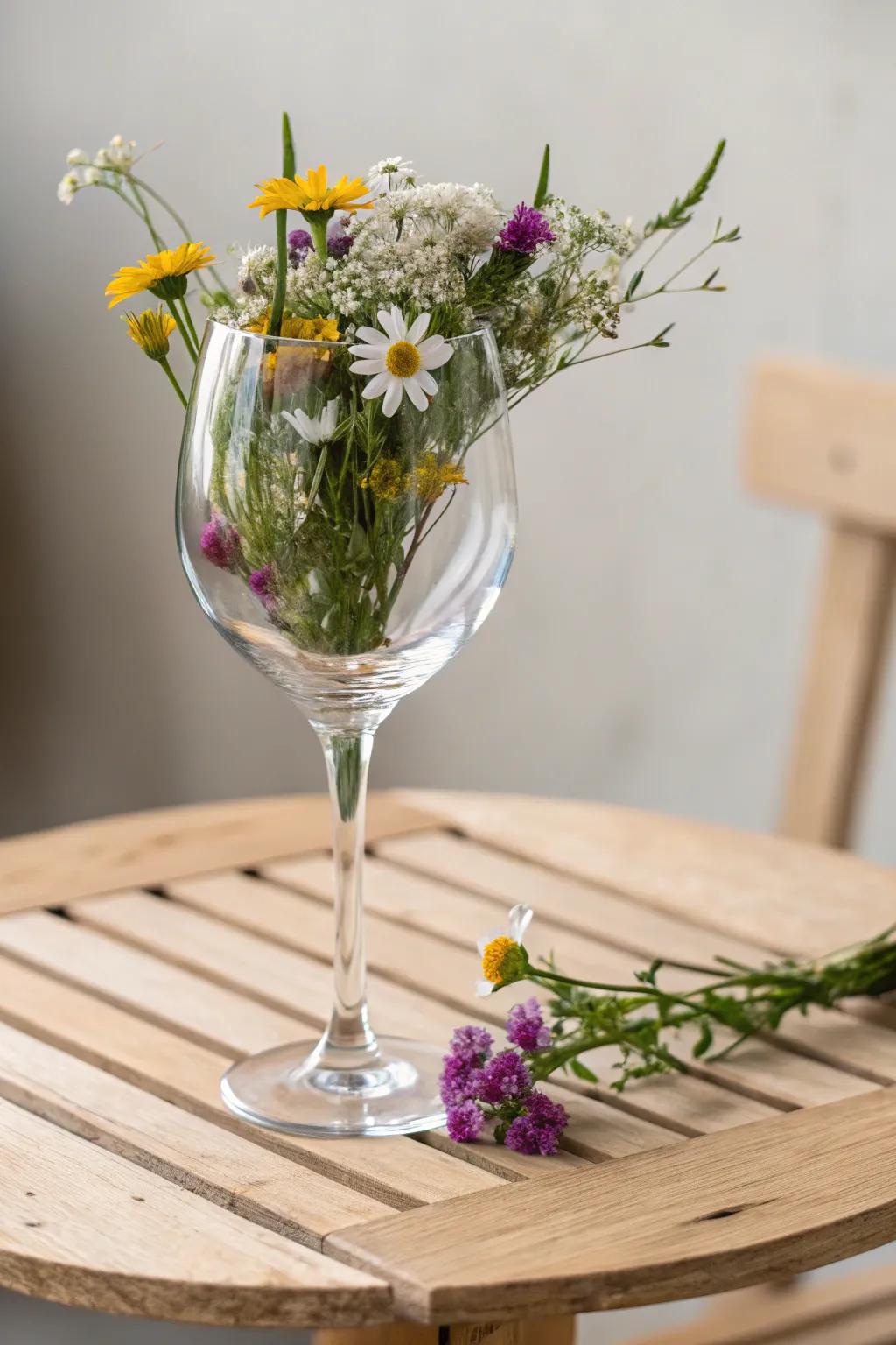 Transform your wine glasses into stunning vases for a simple yet beautiful home display.