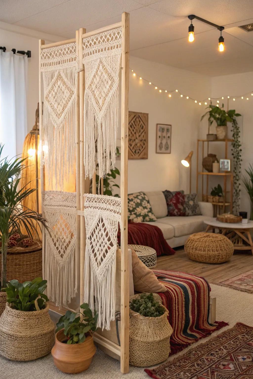 A boho-chic macrame divider adding texture to the room.