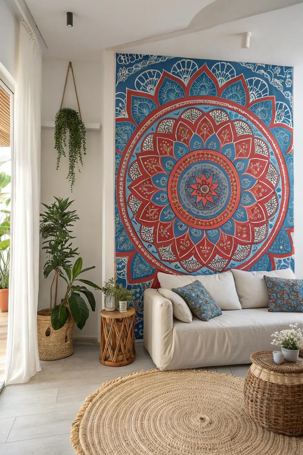 Transform your space with a bold clay mural that brings vibrant color and artistic flair to your minimalist sanctuary.