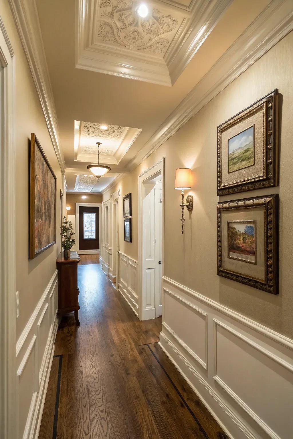 Crown molding elevates narrow hallways into architectural features.