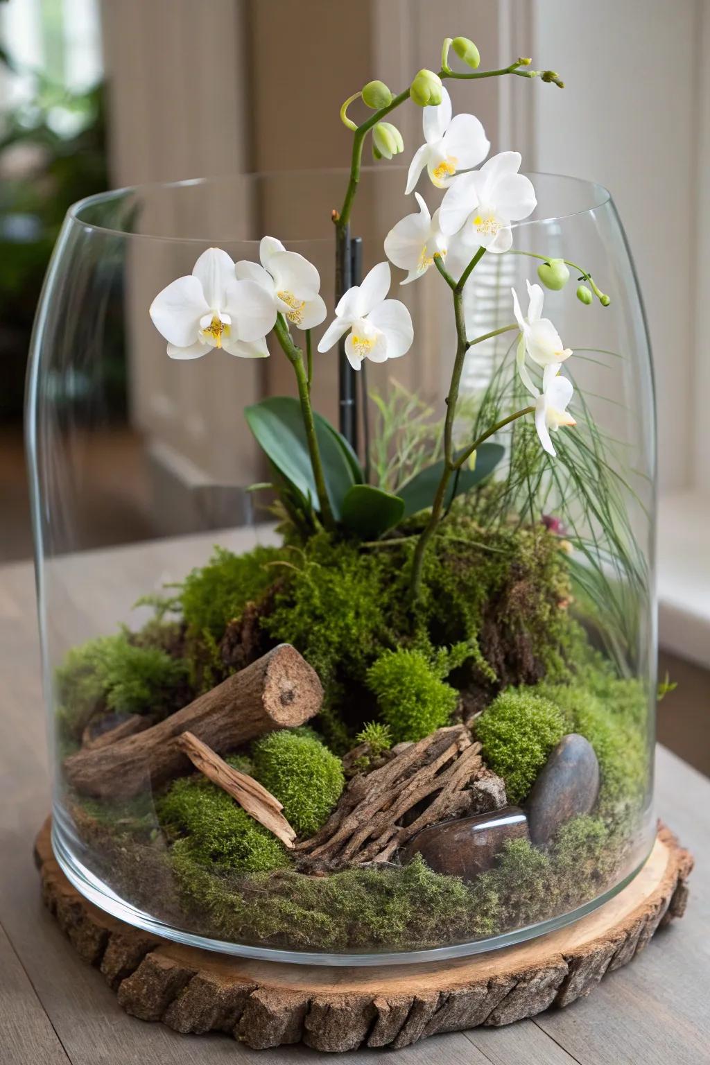 Bring the serenity of a woodland retreat into your home with this elegant orchid terrarium. ð¿â¨