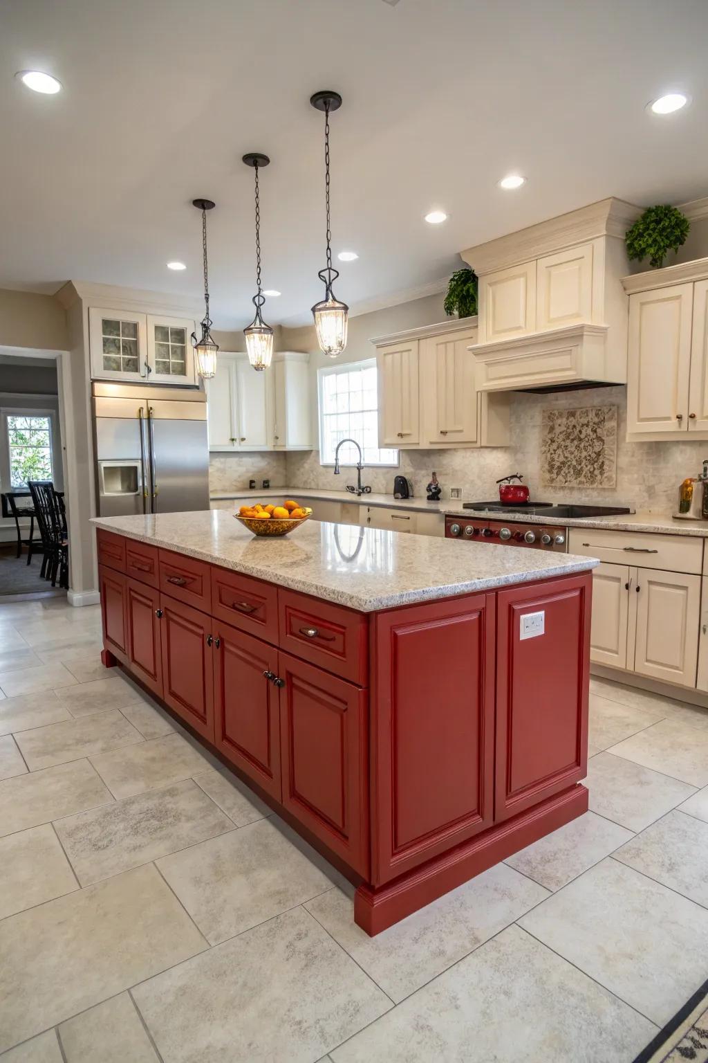 A bold red kitchen island stands out as the dynamic heart of this space.
