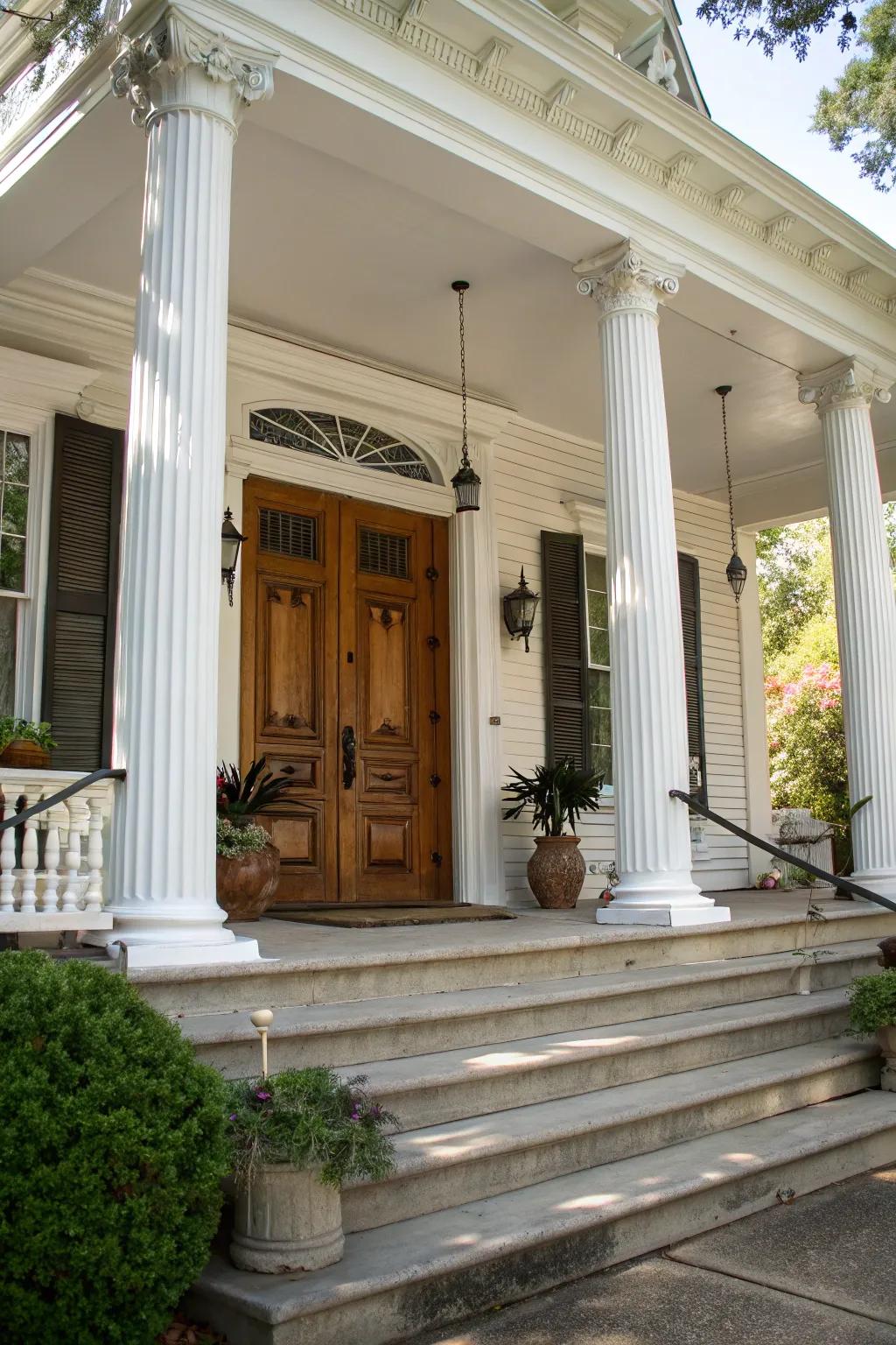 Classic columns frame this welcoming colonial entrance.