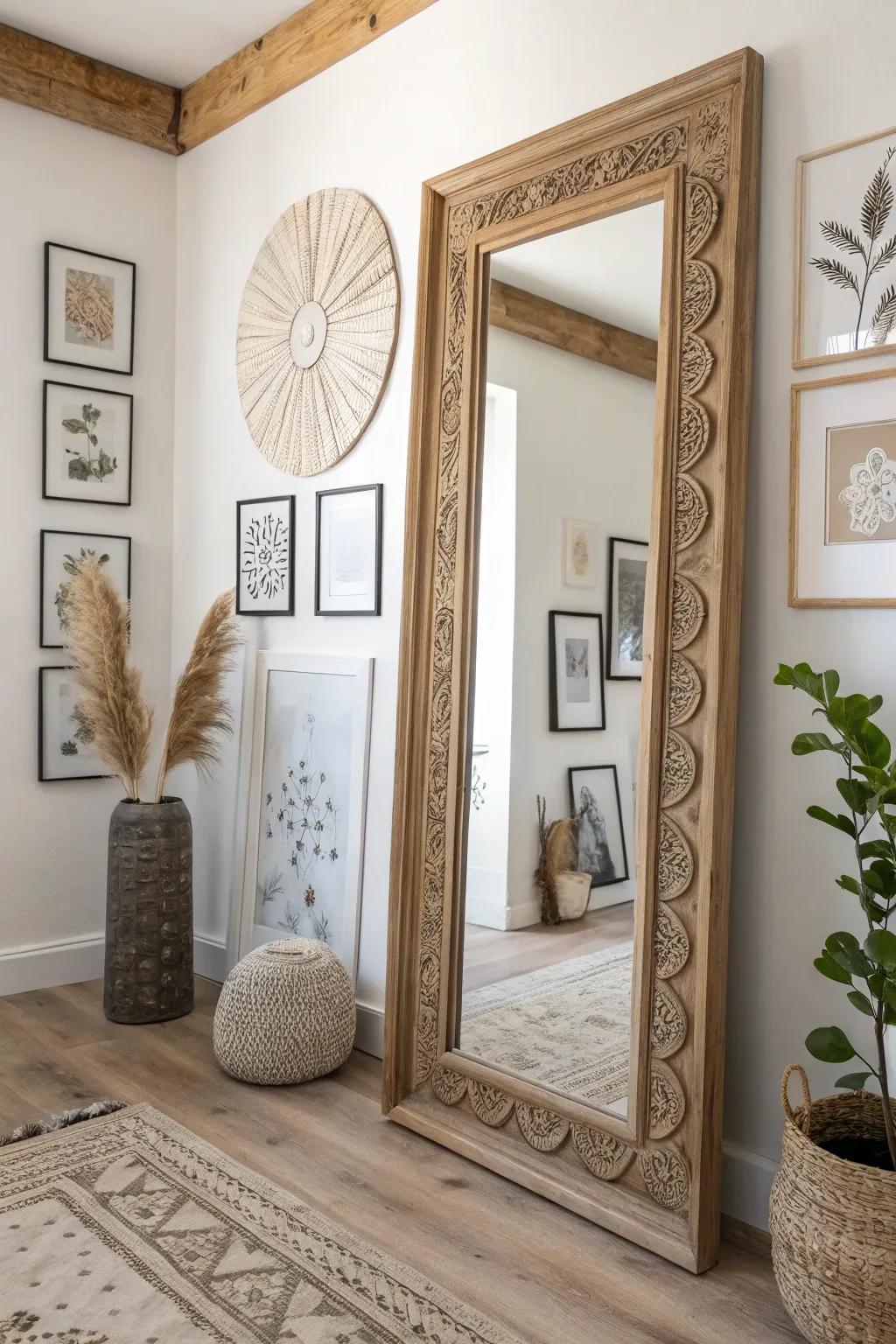 Reflecting art and light: A serene blend of Scandinavian minimalism and Boho charm.