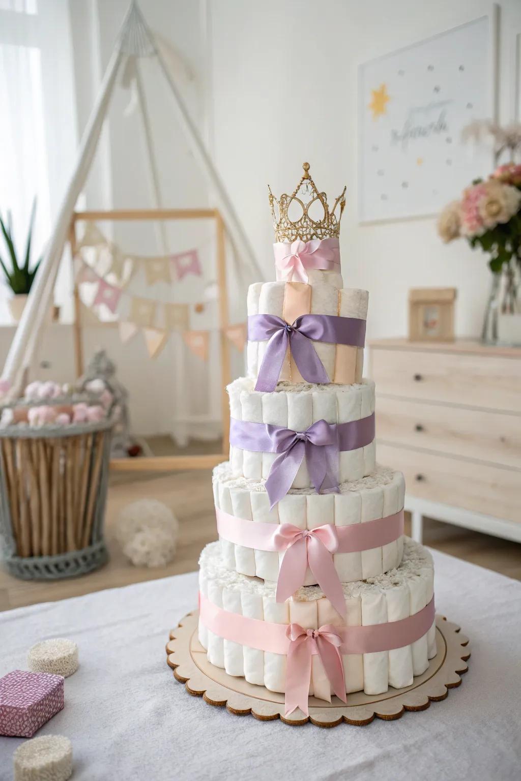 Elevate your diaper cake design with a harmonious blend of ribbons, where simplicity meets elegance.