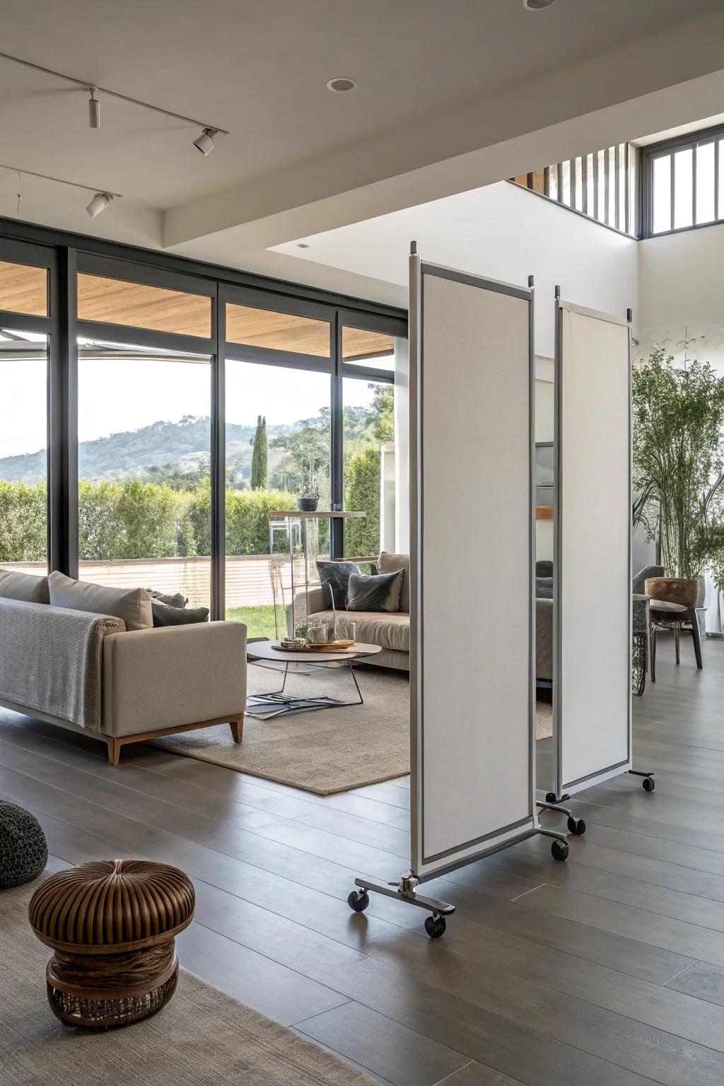 Rolling panels offer flexible space division.