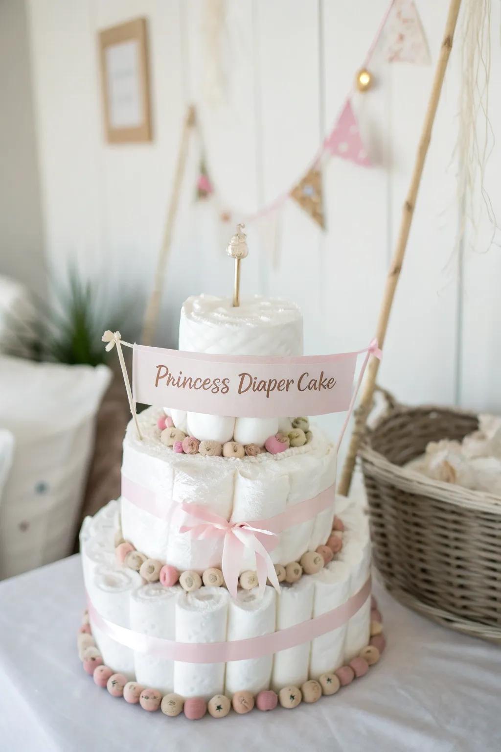 Add a personal touch to your princess diaper cake with a charming, handcrafted banner. Simplicity meets elegance!