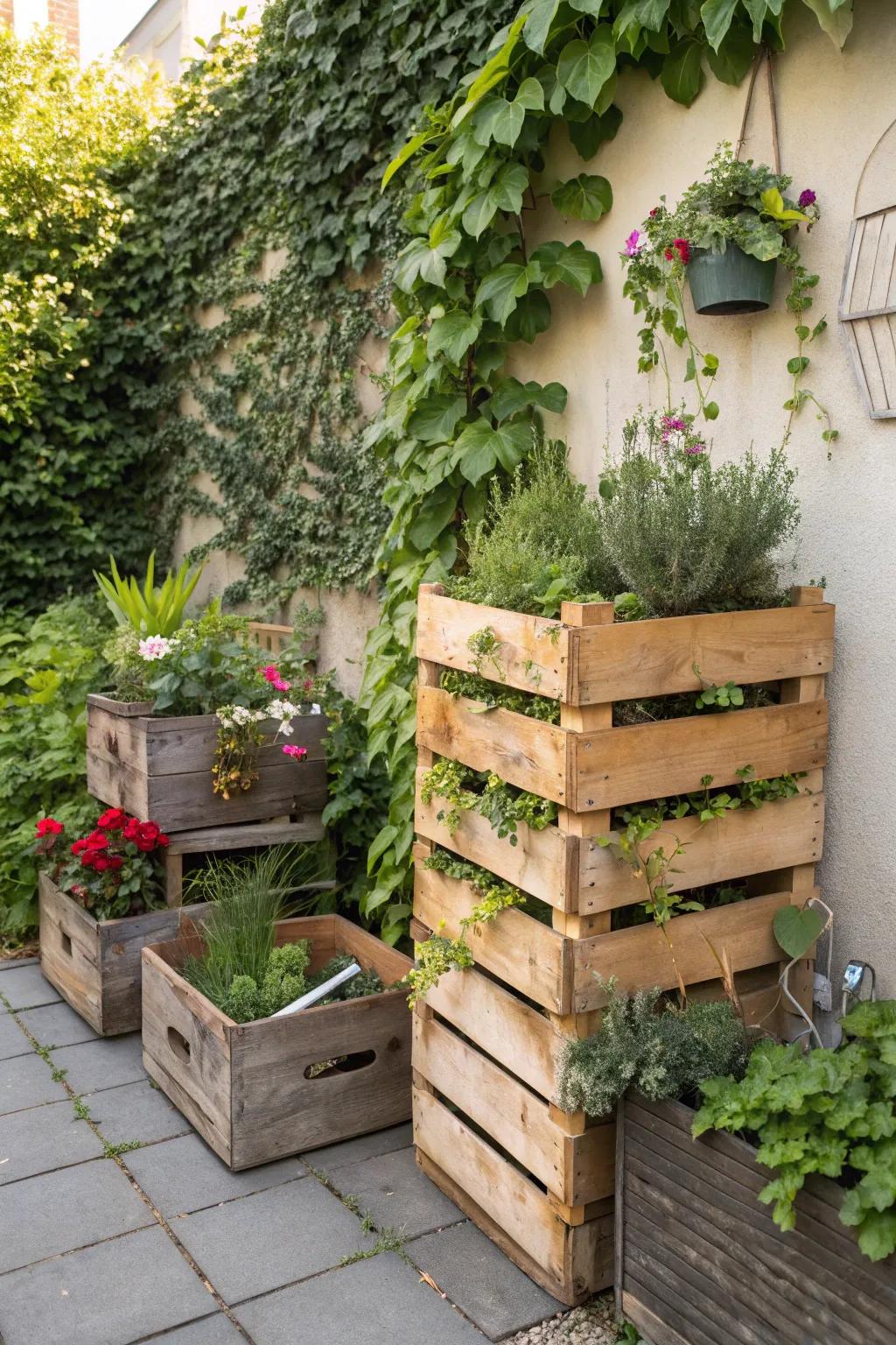 Stacked wooden crates against a garden wall offer a playful mix of storage and display for plants and tools.