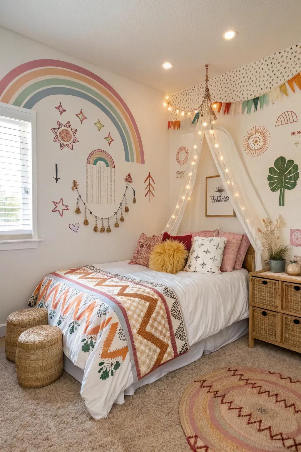 Subtle rainbow motifs add a whimsical touch to the decor.