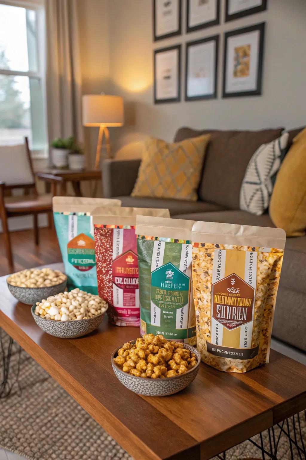 Artisan popcorn bags for a tasty treat.