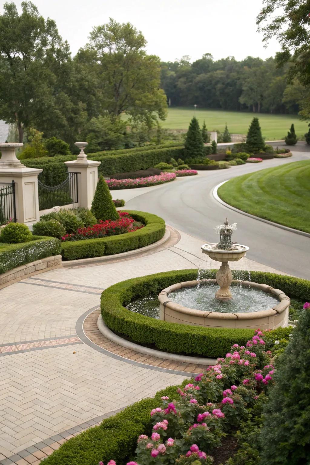 A serene driveway with an integrated water feature.