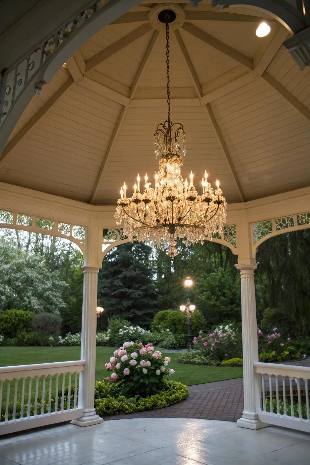 A chandelier adds a touch of elegance to this outdoor haven.