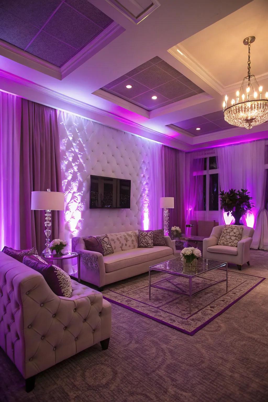 Glamorous purple lighting illuminating a modern living room.