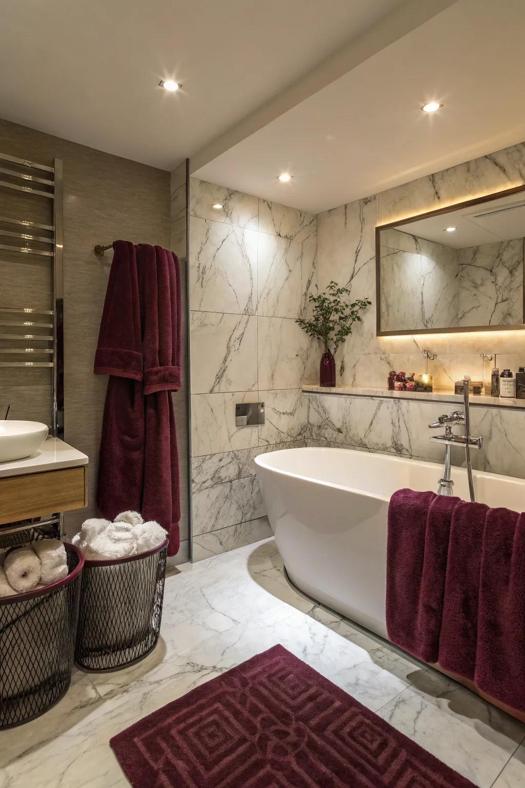 Create a relaxing spa atmosphere with maroon tones and soft lighting.