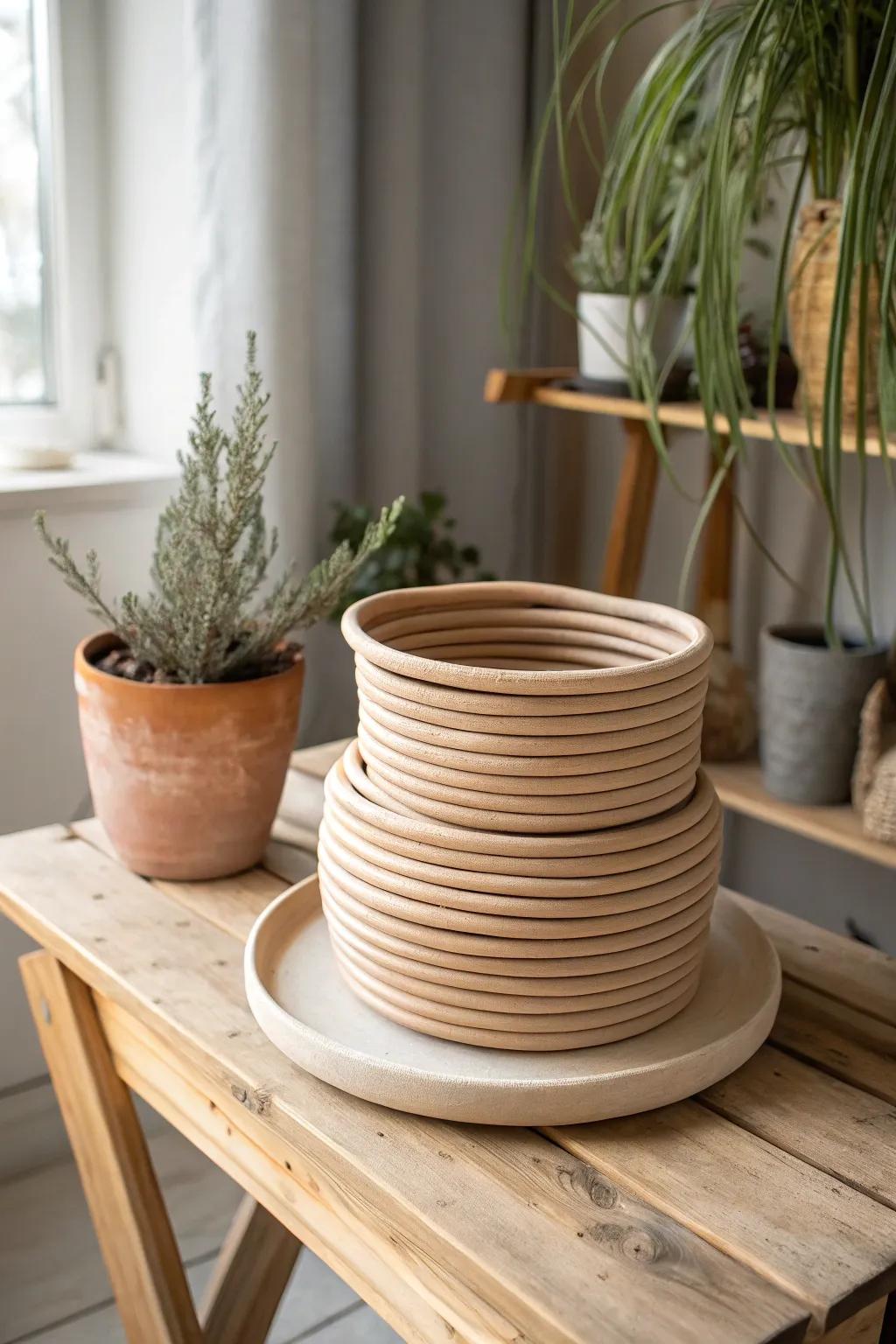 Elevate your greenery with the artistry of coiled clay planters, where simplicity meets handcrafted elegance.