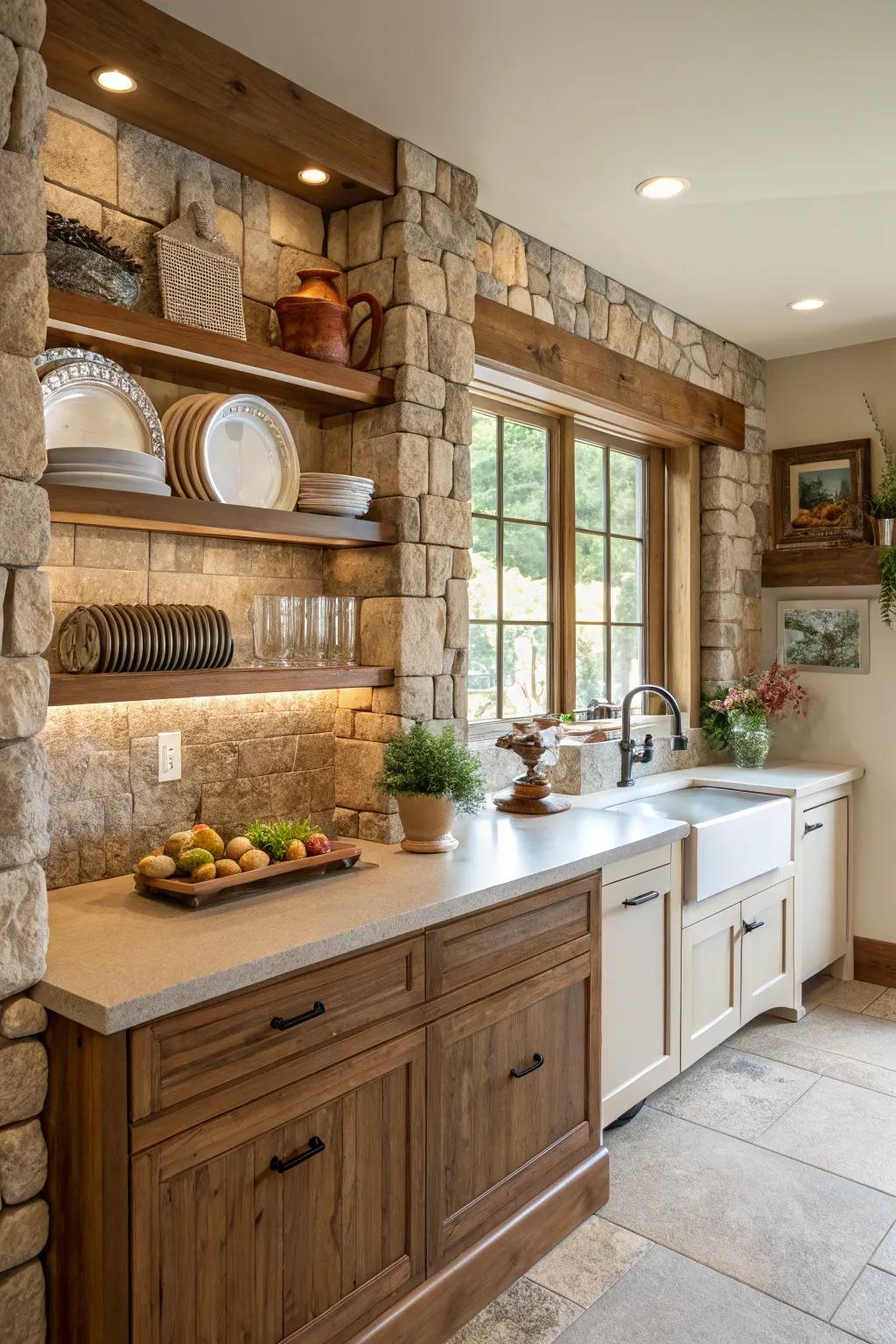 Stone backsplash integrates seamlessly with open shelving.
