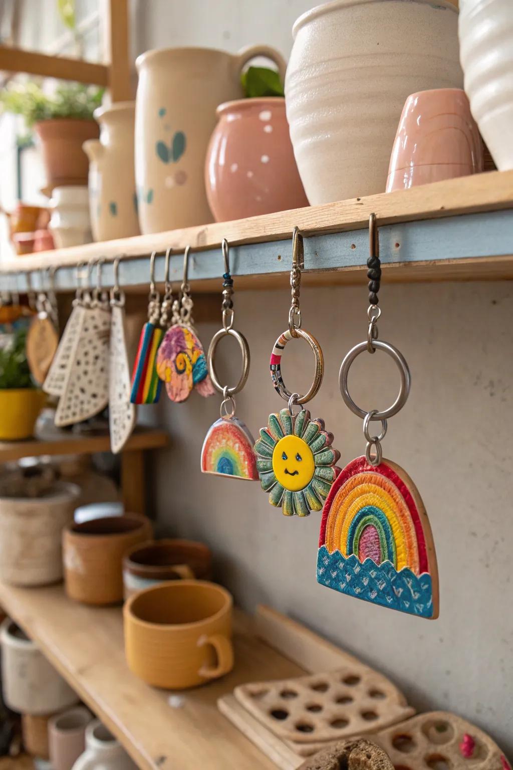 Add whimsy to your keys with handmade clay charm keychains.