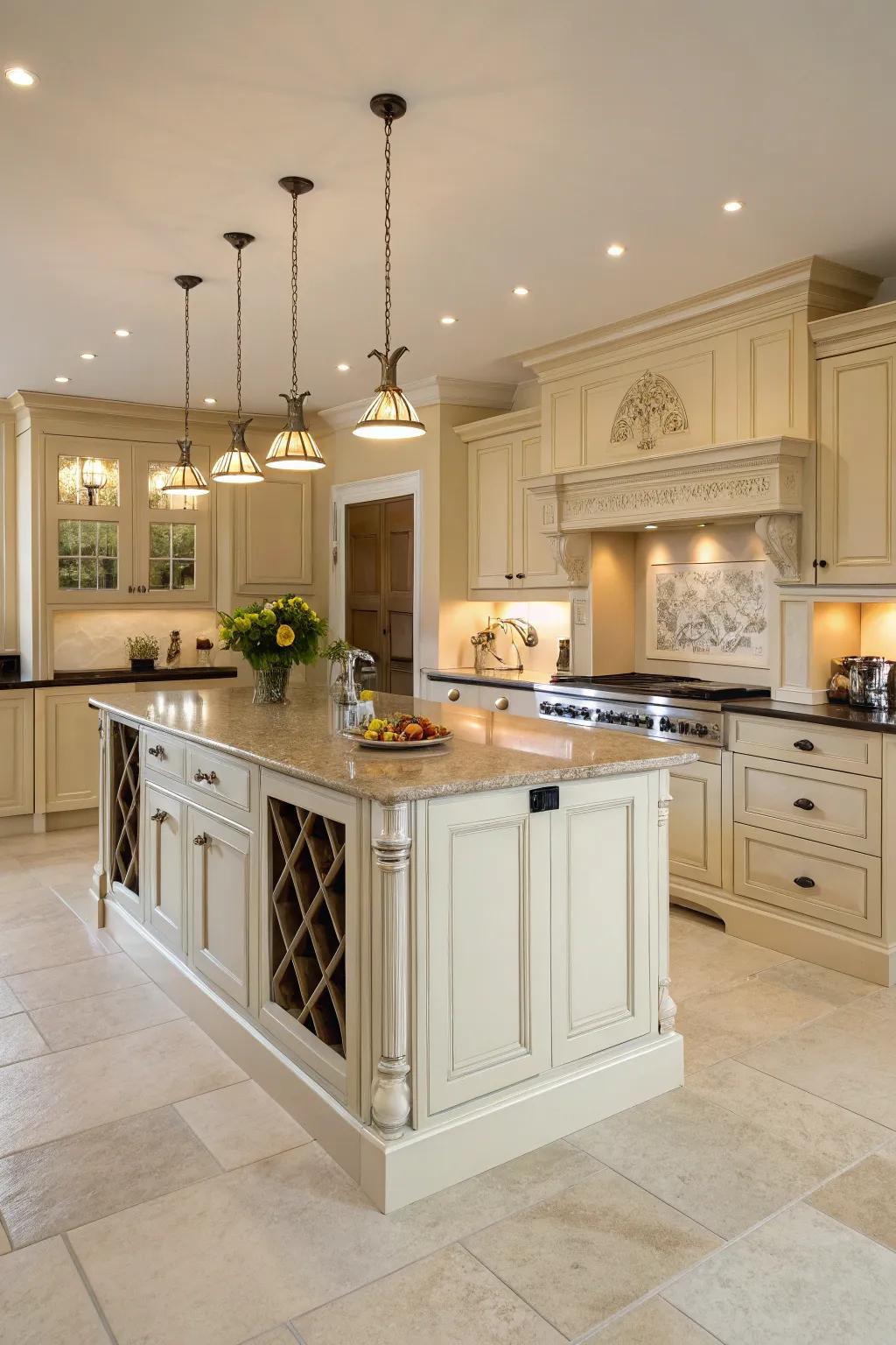 A unique island design serves as a standout focal piece.