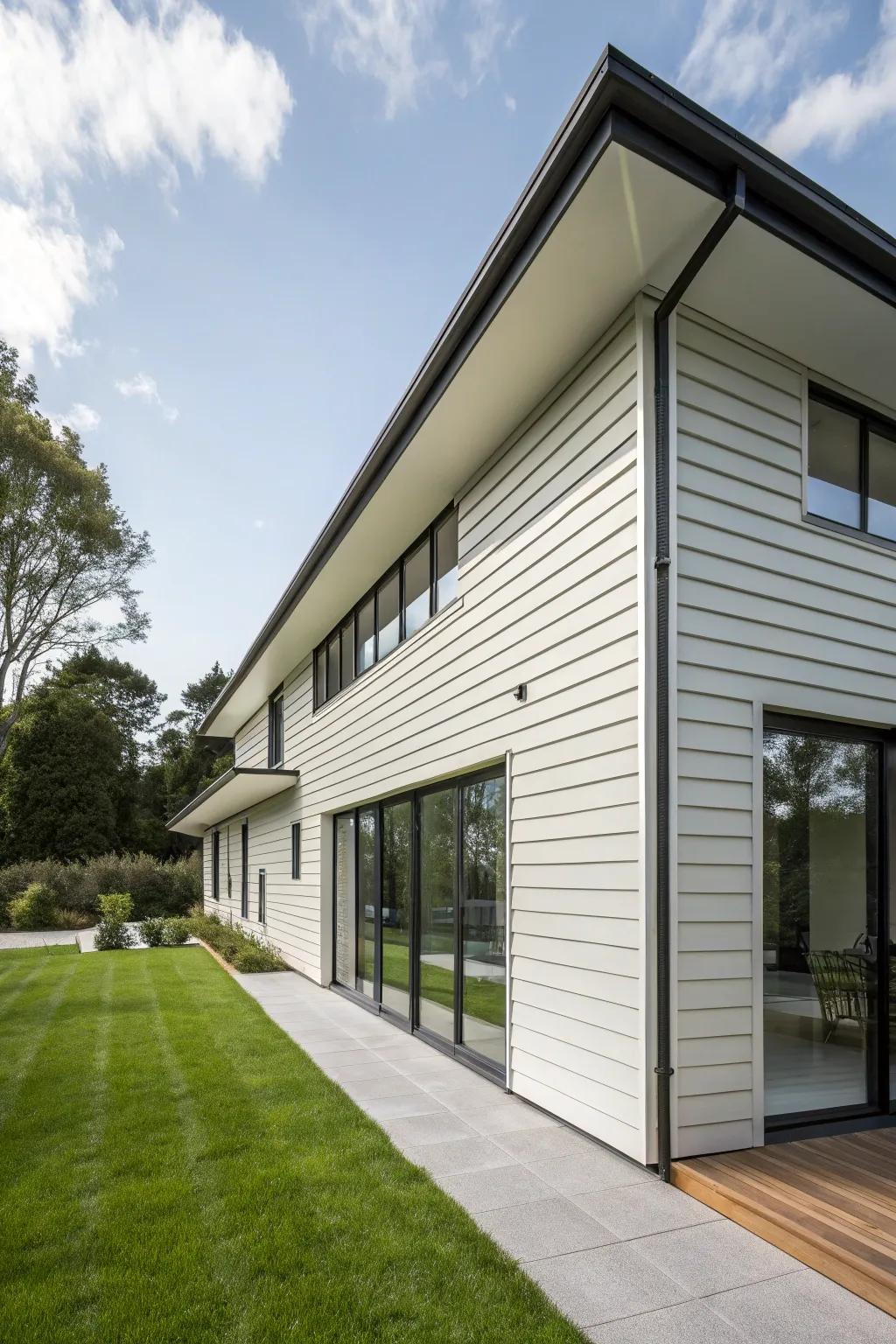 A modern home featuring sleek horizontal siding.