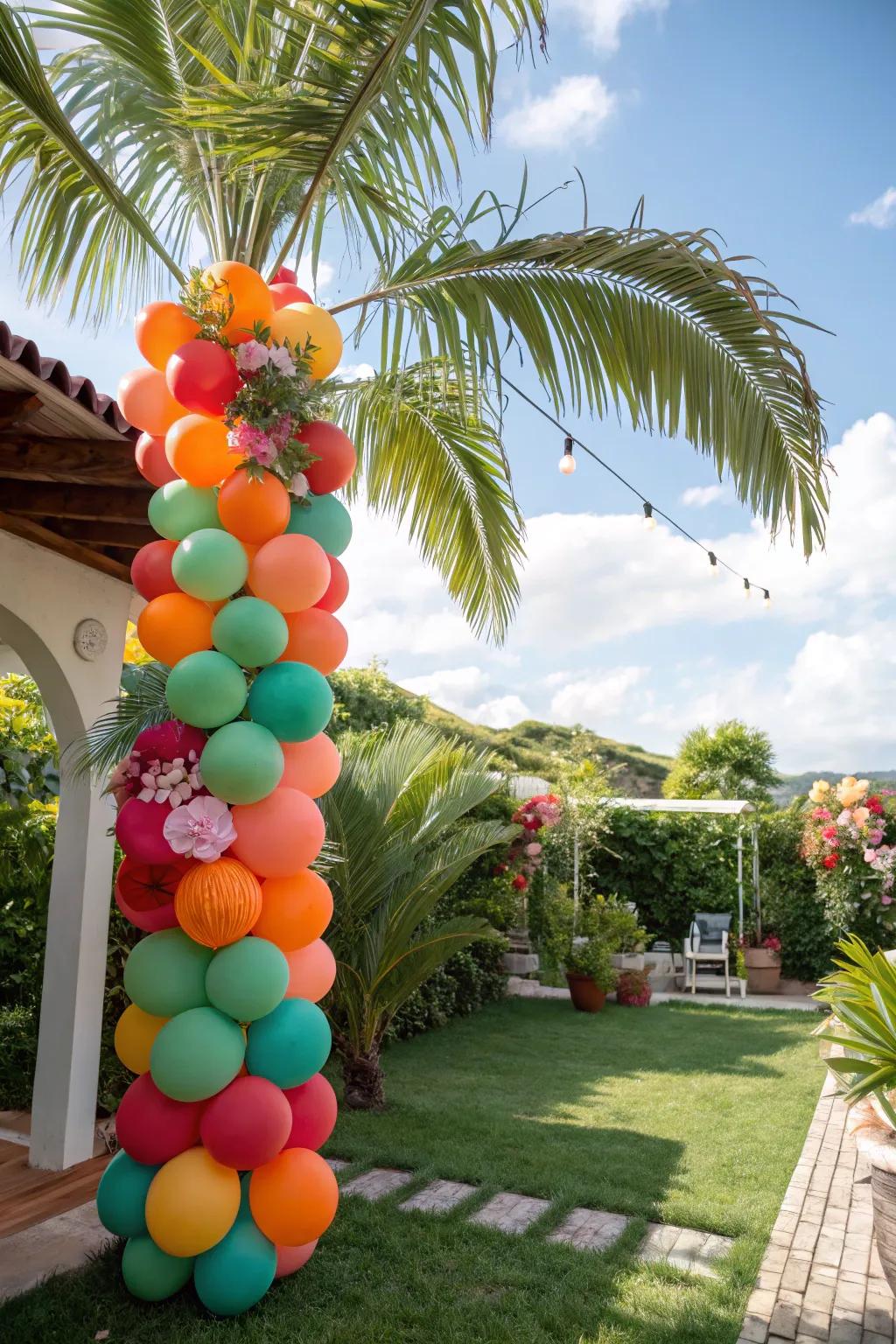 Create a tropical vibe with a tropical-themed balloon column.
