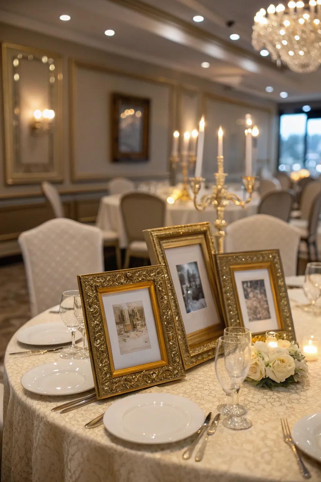 A centerpiece showcasing vintage photos of the couple.