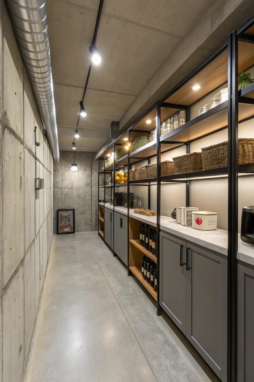 Vertical storage maximizes space efficiency in narrow basements.