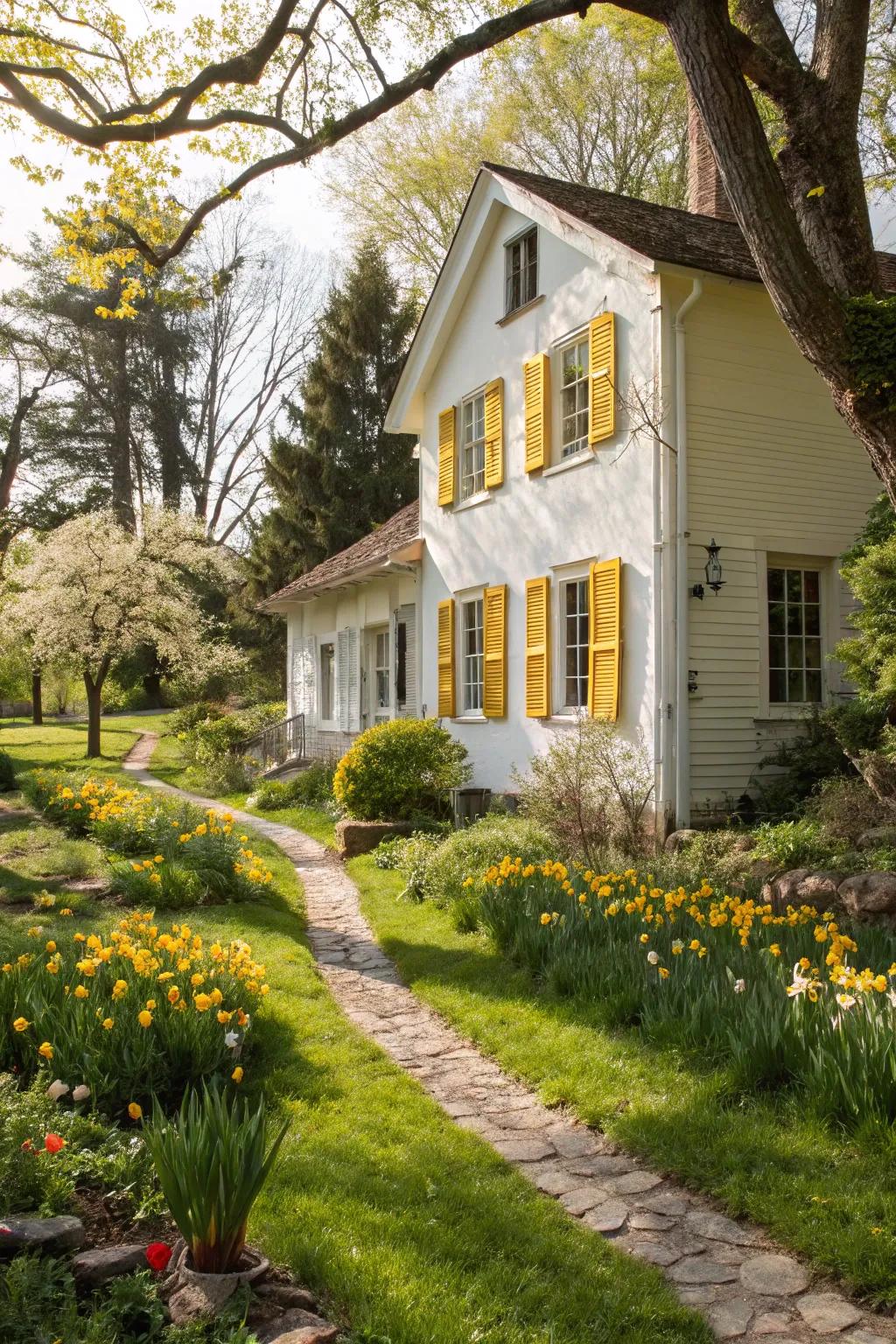 Mustard shutters bring warmth and vibrancy to this lively home.