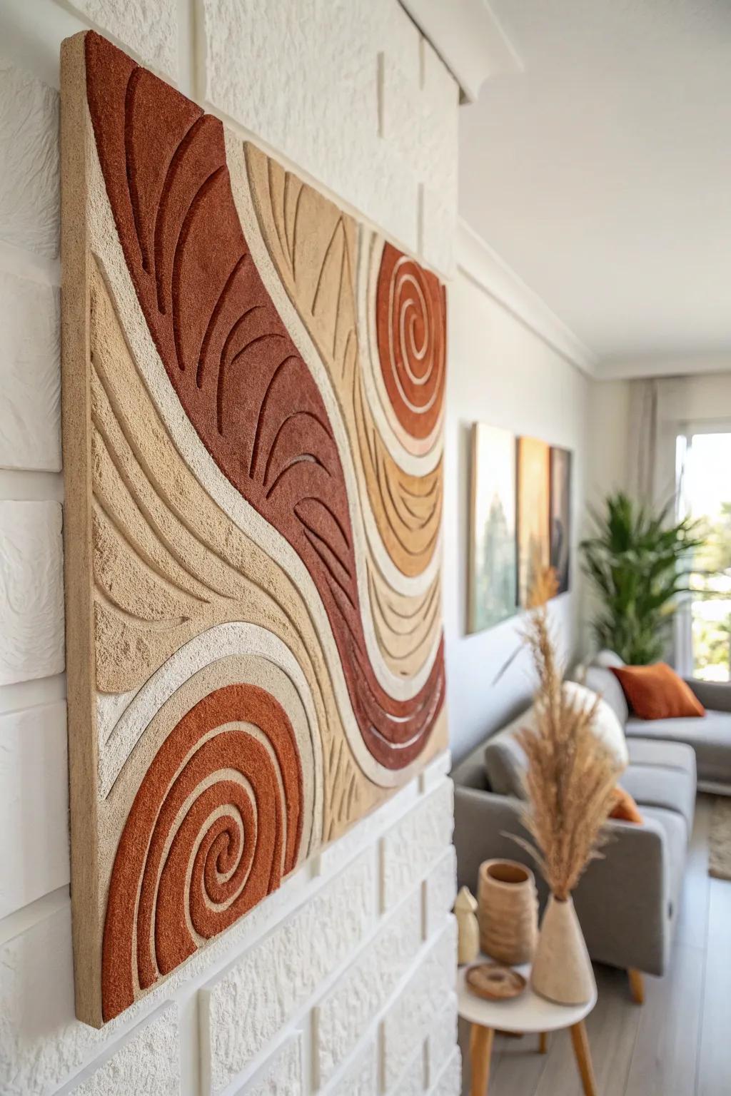 Transform your living room into a masterpiece with an abstract clay mural that speaks volumes through its earthy elegance.